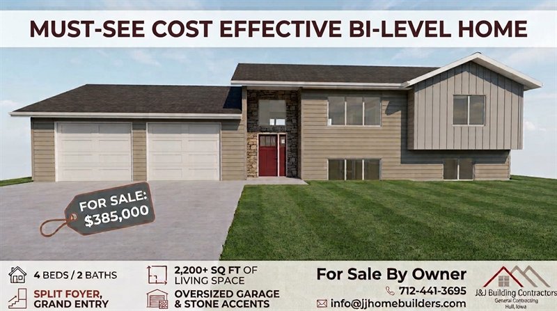 Ad for J&J's bi-level spec home for sale at $385,000: 4 beds, 2 baths, 2,200+ sq ft, split foyer, oversized garage and stone accents