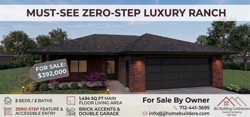 Ad for J&J's zero-step luxury ranch spec home for sale at $392,000: 2 beds, 2 baths, 1,434 sq ft main floor, brick accents and double garage