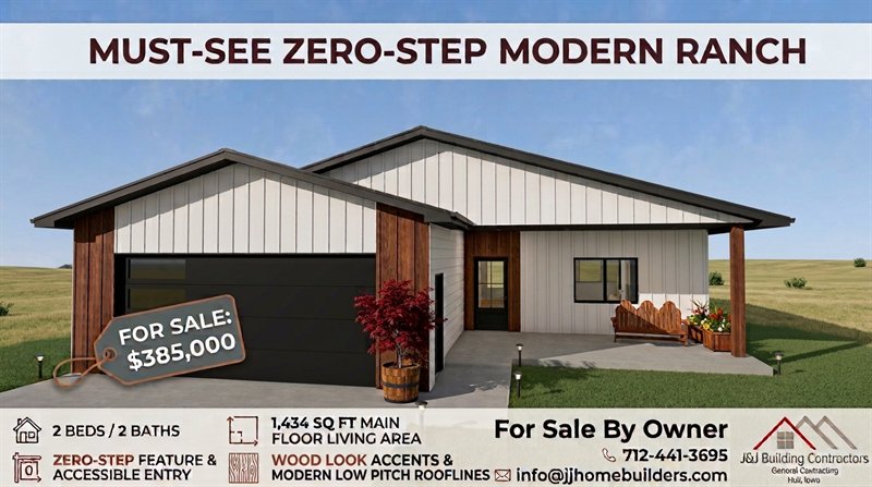 Ad for J&J's zero-step modern ranch spec home for sale at $385,000: 2 beds, 2 baths, 1,434 sq ft main floor, wood-look accents and low-pitch rooflines